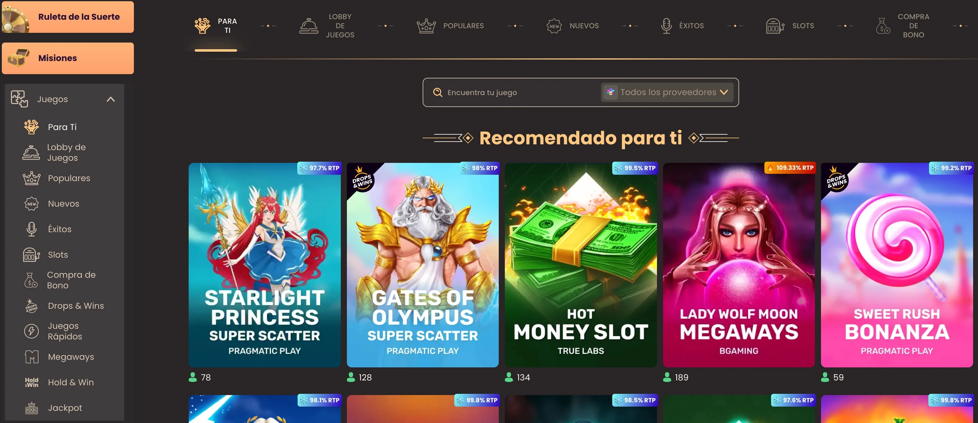 Lobby de National Casino con categorías, búsqueda, recomendaciones y RTP actual